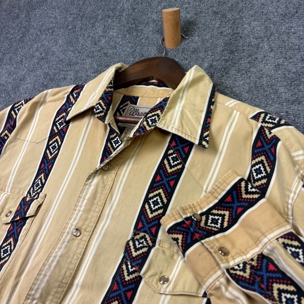 Wrangler Wrancher Western Shirt Mens XL Tan Aztec Geometric Pearl Snap Vintage